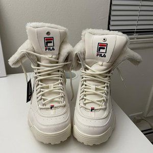 shoes Fila Women's Disruptor Shearling Sneaker Boots white.